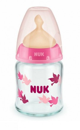 Nuk  First Choice+ Μπιμπερο Γυαλ. Latex 0-6m Ροζ Πουλακια με Δείκτη Ελέγχου Θερμοκρασίας Ροζ (10.747.118) 120ml
