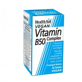 Health Aid Vegan Vitamin B50 Complex Συμπλήρωμα Διατροφής με Σύμπλεγμα Βιταμινών B Βραδείας Αποδέσμευσης 30 ταμπλέτες