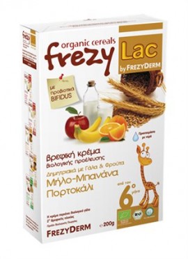 FREZYDERM FREZYLAC Βιολογική Βρεφική Κρέμα  Δημητριακών με Γάλα και Μήλο, Μπανάνα, Πορτοκάλι 200 gr