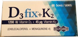 Uni-Pharma D3 Fix 1200iu + K2 45mg - Συμπλήρωμα Διατροφής Με Βιταμίνη D3 Και K2, 60 tabs