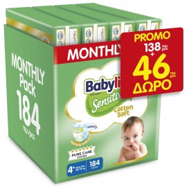 Πάνες Babylino Sensitive Monthly Pack No4+ (10-15Kg) 138 + 46τεμ ΔΩΡΟ =184τεμ
