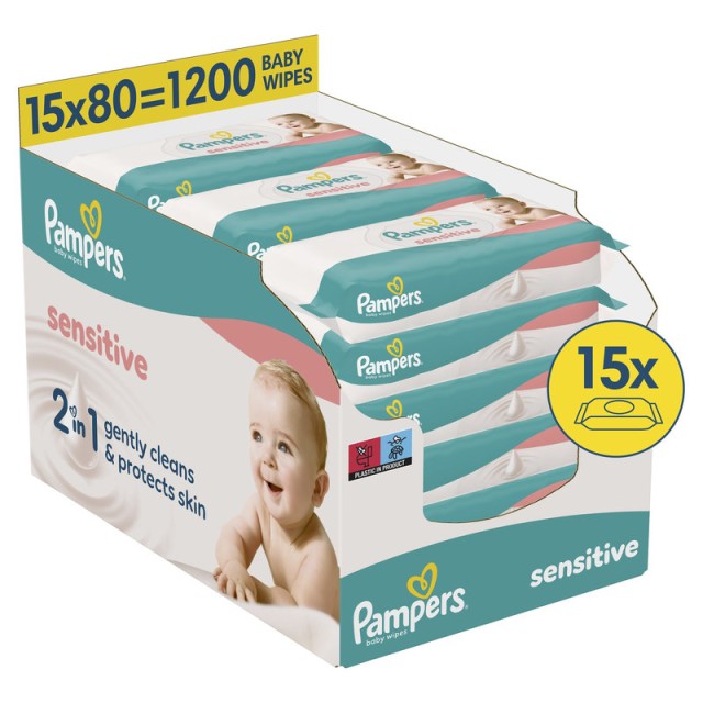 Pampers Sensitive Μωρομάντηλα 15 συσκευασίες x 80 Μωρομάντηλα (1200 Τεμάχια)
