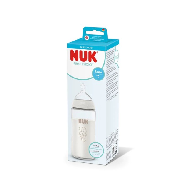 Nuk First Choice Μπιμπερό Γυάλινο Θηλή Σιλικόνης με Δείκτη Ελέγχου Θερμοκρασίας 3m+ Ιππόκαμπος 240ml