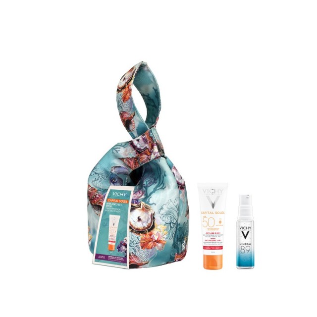 Vichy Capital Soleil Αντηλιακή Κρέμα Προσώπου κατά των Ρυτίδων 3 σε 1 SPF50 50ml & Δώρο Συλλεκτική Τσάντα Σχεδιασμένη By Nidodileda & Mineral 89 Βοοster Ενυδάτωσης & Ενδυνάμωσης 10ml