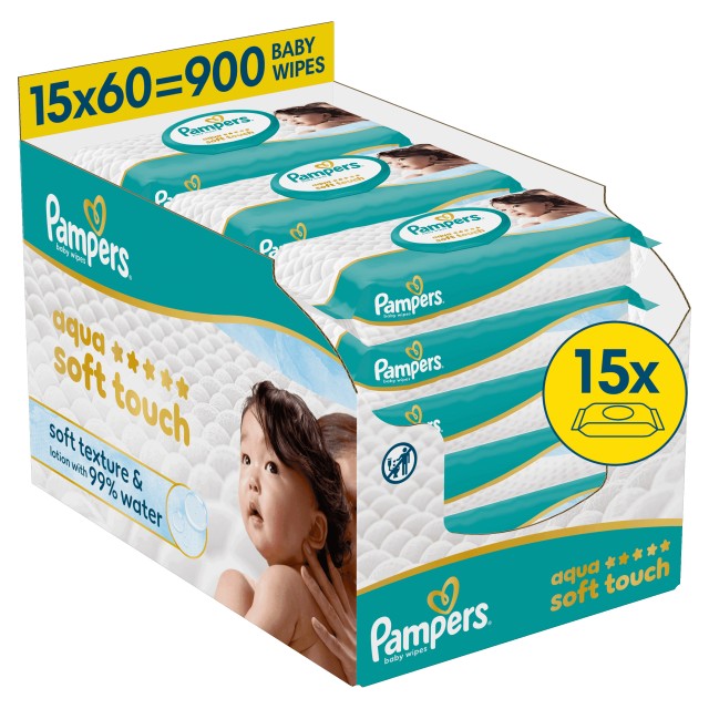 Pampers Μωρομάντηλα Aqua Soft Touch Monthly Box με Καπάκι 15χ60 Μωρομάντηλα, ( 900 τεμάχια)