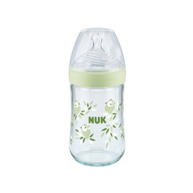 Nuk Nature Sense Μπιμπερό Γυάλινο Θηλή Σιλικόνης για Μωρά που Θηλάζουν Πράσινο Κουκουβάγιες (10.745.119) 240ml