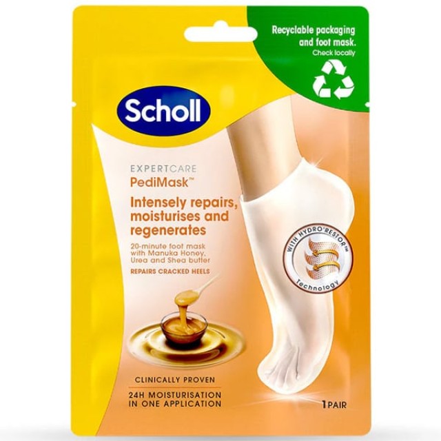Scholl PediMask Μάσκα Ποδιών για Ενυδάτωση & Αναγέννηση Δέρματος με Μέλι Manuka, 1 ζευγάρι