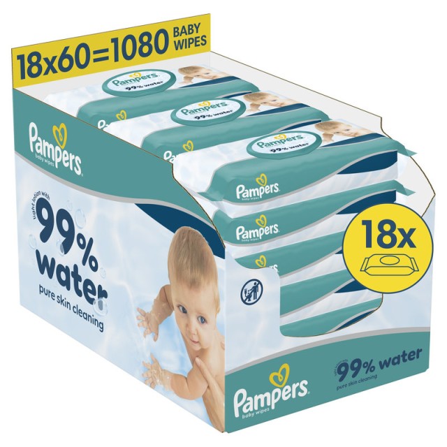 Pampers 99% Water Μωρομάντηλα 18 Συσκευασίες x 60 Μωρομάντηλα (1080 τεμάχια)
