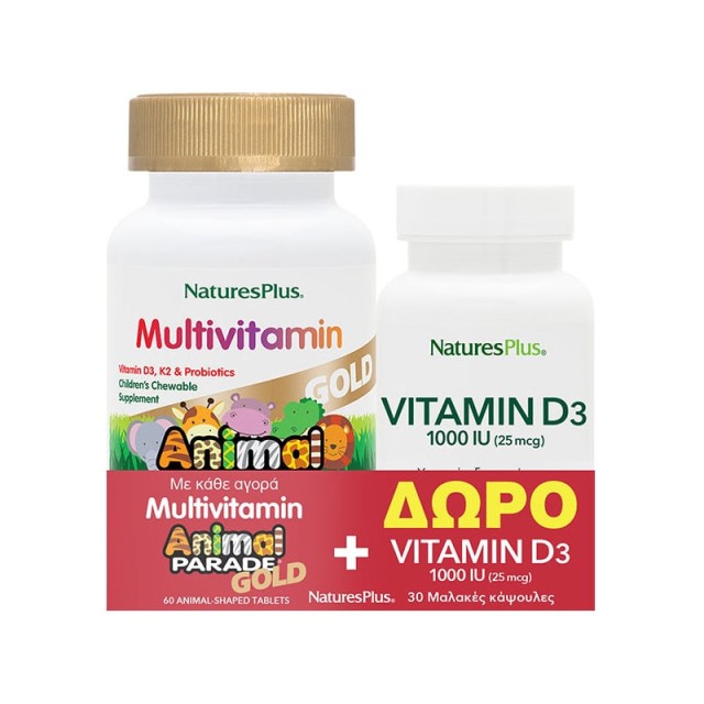 Natures plus Promo Animal Parade Gold Multivitamin 60 ταμπλέτες & Vitamin D3 1000iu 30 μαλακές κάψουλες