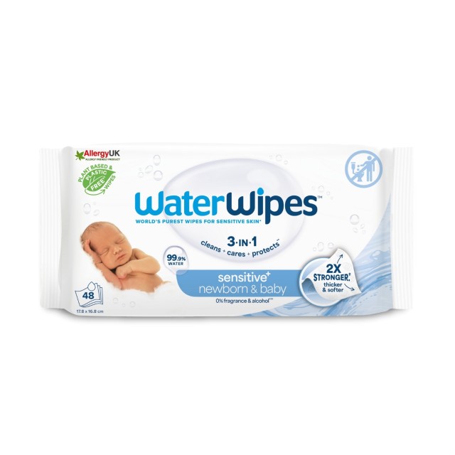 WaterWipes Sensitive+ Newborn & Baby Wipes Βρεφικά Υγρά Μαντηλάκια Καθαρισμού 48Μαντηλάκια