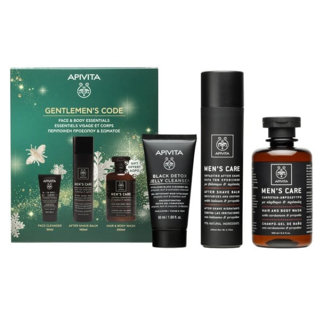 Apivita Promo Gentlemens Code με Mens Care Ενυδατικό After Shave κατά των Ερεθισμών με Πρόπολη, 100ml, Black Detox Jelly Cleanser Αναζωογονητικό Μαύρο Gel Καθαρισμού για Πρόσωπο & Μάτια, 50ml & Δώρο Mens Care Σαμπουάν & Αφρόλουτρο, 250ml, 1σετ