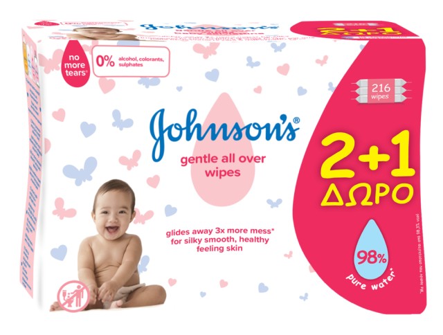 Johnsons Baby Gentle All Over Μωρομάντηλα 2+1 ΔΩΡΟ 216 τμχ
