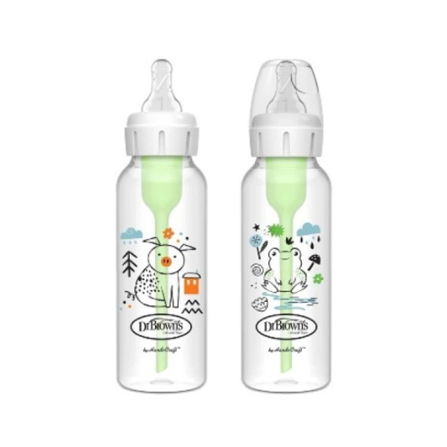 Dr. Browns Μπιμπερό Πλαστικό Options+ Στενός λαιμός, Γουρουνάκι/Βάτραχος 0m+, 2x250ml