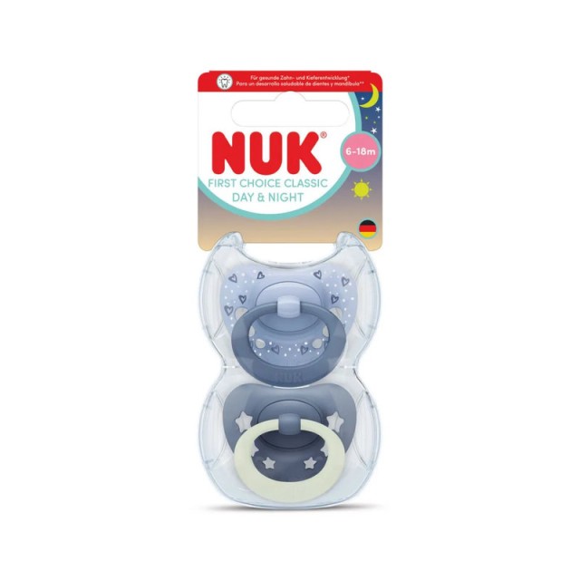 Nuk First Choice Classic Day & Night Πιπίλα Σιλικόνης Μπλέ με Αστέρια 6-18m , 2 τεμάχια