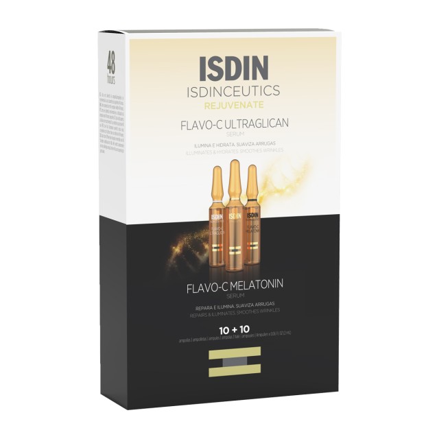 ISDIN Isdinceutics Flavo-C Melatonin & Ultraglican Βραδινός Ορός Επαναφοράς 10 αμπούλες & Αντιοξειδωτικός Ορός Καθημερινής Χρήσης 10 αμπούλες