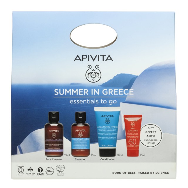 Apivita Promo Summer in Greece Essentials to Go Αφρός Καθαρισμού για Πρόσωπο & Μάτια 75ml, Hyaluronic Hydra Σαμπουάν 75ml, Hyaluronic Hydra Κρέμα Μαλλιών 50ml & Δώρο Bee Sun Safe Αντιηλιακό Προσώπου SPF50 15ml