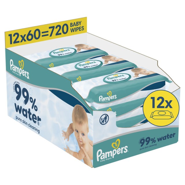 Pampers 99% Water Μωρομάντηλα 12 Συσκευασίες x 60 Μωρομάντηλα (720 τεμάχια)