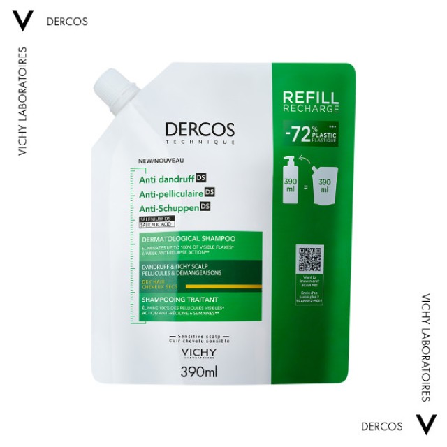 Vichy Dercos Anti-Dandruff DS Σαμπουάν κατά της Ξηροδερμίας, Πιτυρίδας και του Κνησμού για Ξηρά Μαλλιά σε  Συσκευασία Refill 390ml