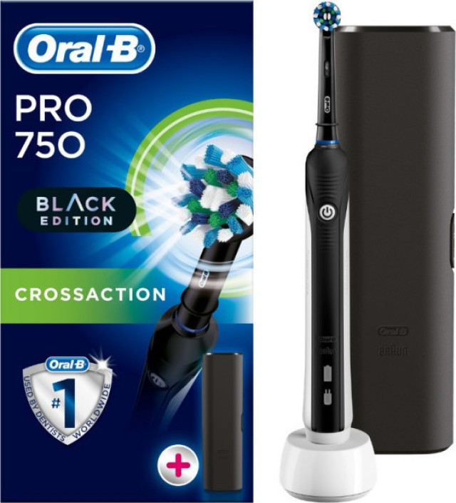 Oral-B Pro 750 CrossAction 3D Black Edition Hλεκτρική Οδοντόβουρτσα με 1 κεφαλή σε Μαύρο Χρώμα & Δώρο Μαύρη Θήκη Ταξιδιού 1τμχ