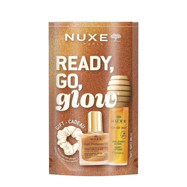 Nuxe Xmas Promo Pack Ready, Go, Glow Reve de Miel Lip Oil 10ml & Huile Prodigieuse Or 10ml & Scrunchie 1 τεμάχιο