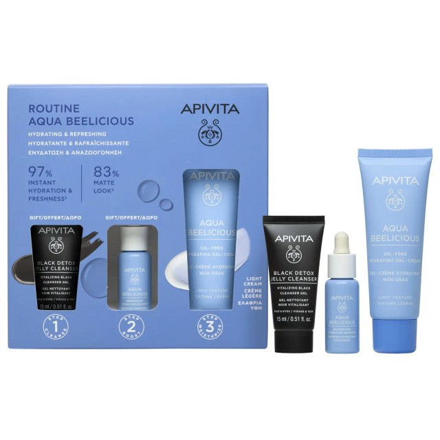 Apivita Promo Pack Aqua Beelicious Oil Free Κρέμα Gel Ενυδάτωσης Ελαφριάς Υφής 40ml & ΔΩΡΑ Μαύρο Gel Καθαρισμού με Πρόπολη & Ενεργό Άνθρακα 15ml & Booster Αναζωογόνησης & Ενυδάτωσης 10ml