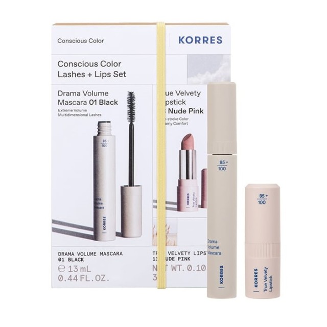 Korres Promo Conscious Color Drama Volume Mascara 01 Black για Έντονο Μήκος & Όγκο 13ml & True Velvety Κραγιόν 13 Nude Pink 3g