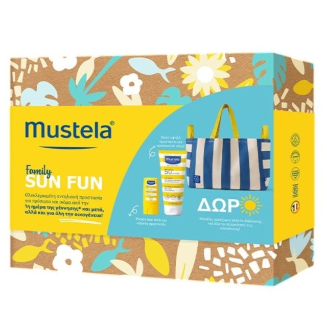 Mustela Promo Pack Family Sun Fun Sun Lotion SPF50+ Αντηλιακό Προσώπου + Σώματος  100ml + Sun Stick SPF50 Αντηλιακό Στικ Προσώπου & Σώματος 9ml+ Δώρο Τσάντα Θαλάσσης 1τεμ.