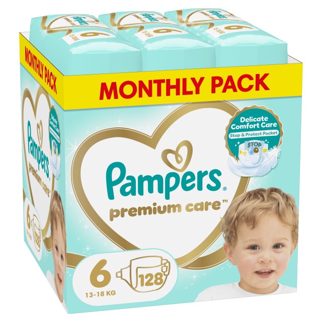Pampers Πάνες με Αυτοκόλλητο Premium Care Monthly Pack Μέγεθος 6 για 13-18kg 128 Πάνες