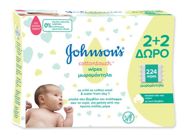Johnsons Baby Μωρομάντηλα CottonTouch  2+2 ΔΩΡΟ 224τμχ