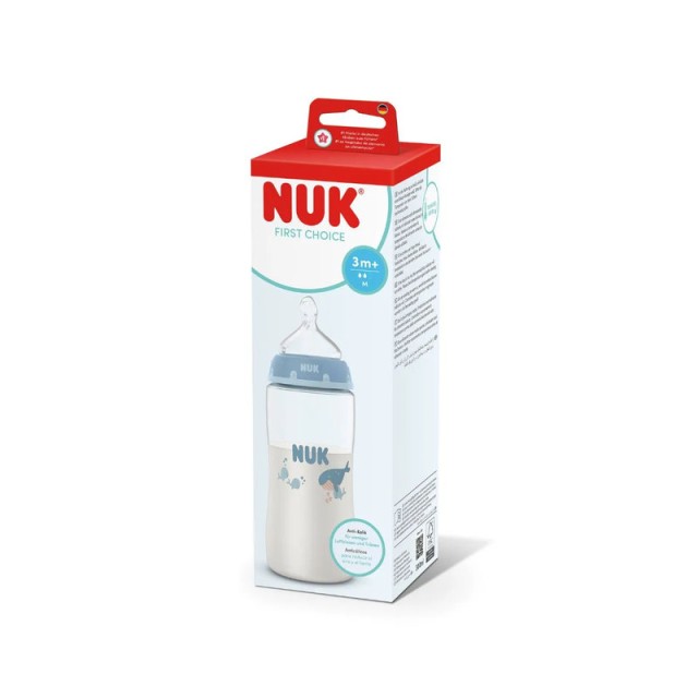 Nuk First Choice Μπιμπερό Πλαστικό Θηλή Σιλικόνης με Δείκτη Ελέγχου Θερμοκρασίας 3m+ Φάλαινα 300ml