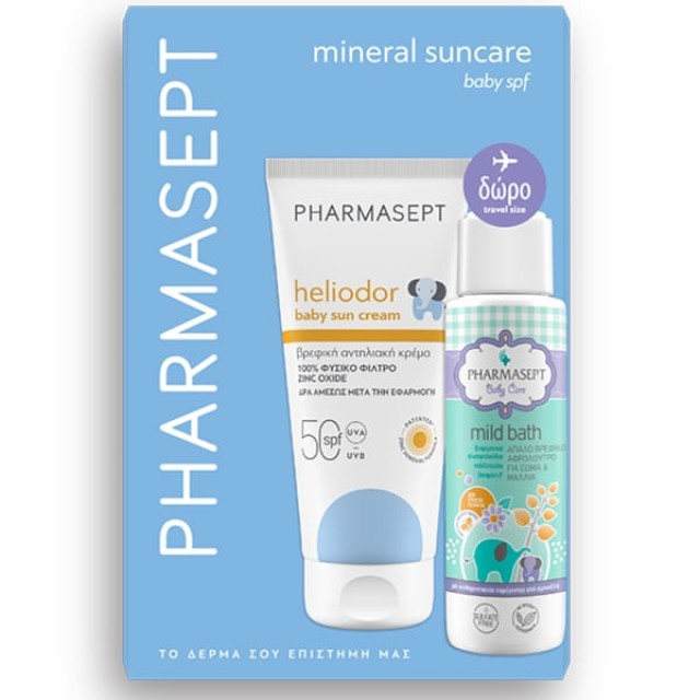 Pharmasept Promo Heliodor Sun Cream Βρεφικό Αντηλιακό SPF50, 100ml & Δώρο Travel Size Baby Care Mild Bath Απαλό Βρεφικό Αφρόλουτρο για Σώµα & Μαλλιά, 100ml
