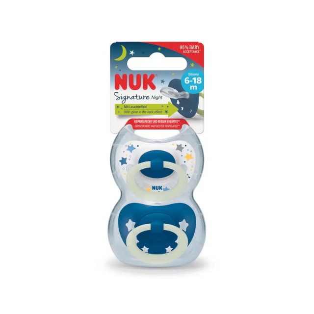 Nuk Signature Night Πιπίλα Σιλικόνης Άσπρη με Αστέρια 6-18m, 2 τεμάχια (10.176.276)