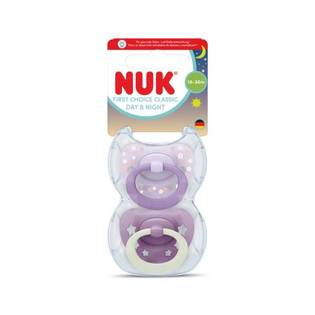 Nuk First Choice Classic Day & Night Πιπίλα Σιλικόνης Μοβ με Καρδιές 18-36m , 2 τεμάχια