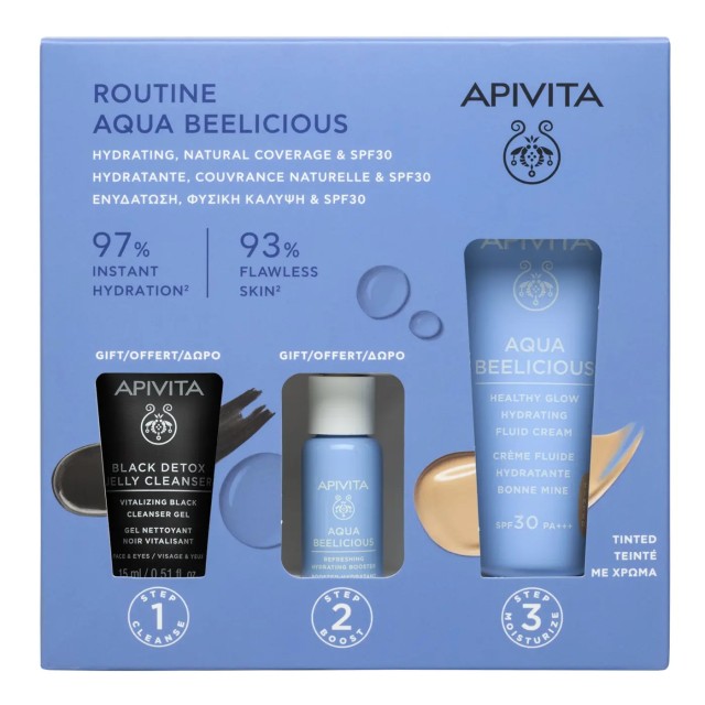 Apivita Promo Pack Aqua Beelicious Hydrating Fluid Cream Tinted SPF30, 40ml & Booster 10ml & Black Cleansing Gel 15ml