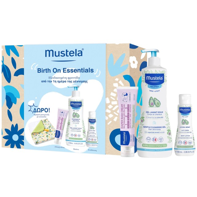 Mustela Promo Gentle Cleansing Gel 500ml & Hydra Baby Body Lotion 100ml & 123 Vitamin Barrier Cream 100ml & Βρεφικό Μπουρνούζι 1τμχ