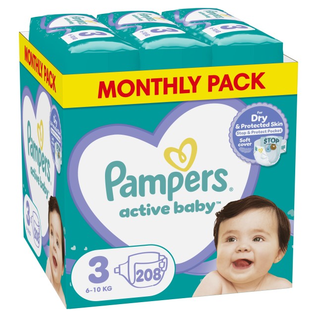 Pampers Πάνες Active Baby Νο 3 Monthly Box  (6-10kg) 208 Πάνες