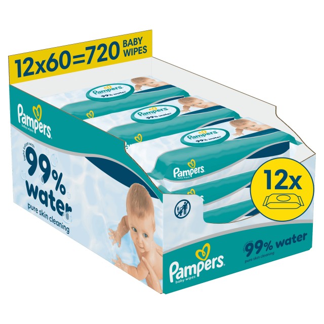 Pampers 99% Water Μωρομάντηλα 12 Συσκευασίες x 60 Μωρομάντηλα (720 τεμάχια)
