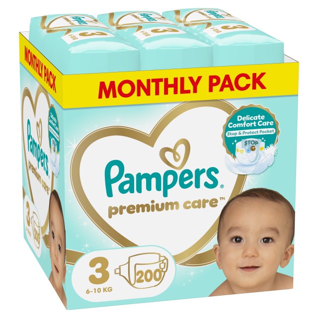 Pampers Βρεφικές Πάνες Premium Care Πάνες Monthly Pack Μέγεθος Νο3 (6-10kg) 200 πάνες