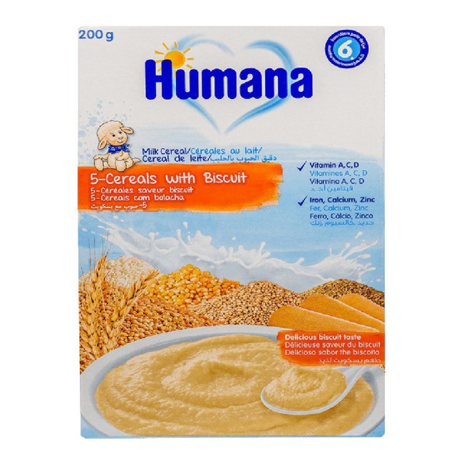 Humana Βρεφική Κρέμα 5 δημητριακά & μπισκότο (από τον 6ο μήνα), 200gr