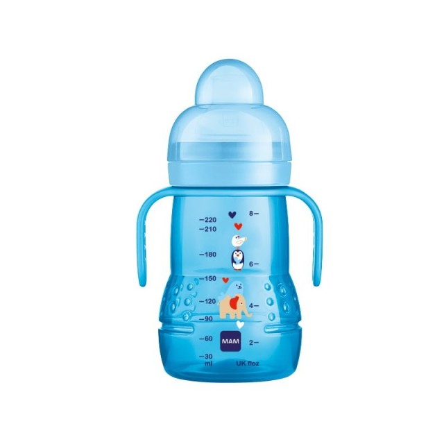 Mam Εκπαιδευτικό Μπιμπερό Μετάβασης με μαλακό στόμιο 4+ μηνών Μπλε Σιλικόνης 220ml, 6m+ (450)