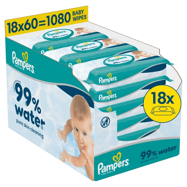 Pampers 99% Water Μωρομάντηλα 18 Συσκευασίες x 60 Μωρομάντηλα (1080 τεμάχια)