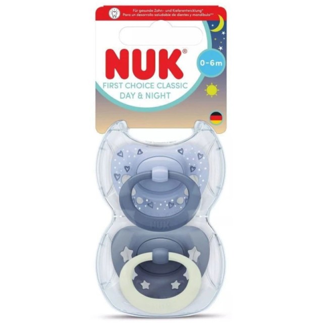 Nuk First Choice Classic Day & Night Πιπίλα Σιλικόνης Μπλέ με Αστέρια 0-6m , 2 τεμάχια