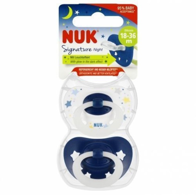 Nuk Signature Ορθοδοντικές Πιπίλες Σιλικόνης Νυκτός Άσπρο & Μπλε για 18-36 μηνών 2τμχ