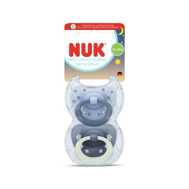 Nuk First Choice Classic Day & Night Πιπίλα Σιλικόνης Μπλέ με Αστέρια 18-36m , 2 τεμάχια