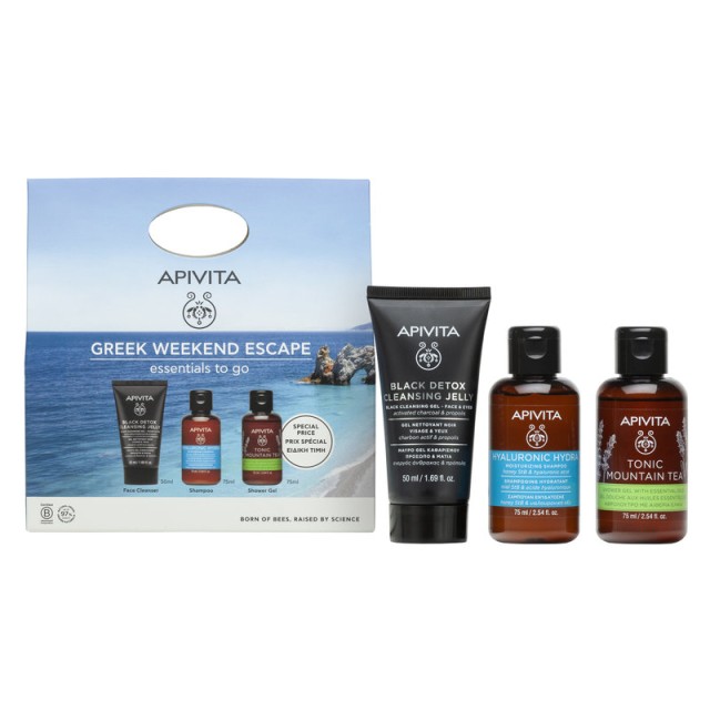 Apivita Promo Greek Weekend Escape Εssentials to Go Cleansing Black Detox Gel Καθαρισμού 50ml, Hyaluronic Hydra Σαμπουάν 75ml & Tonic Mountain Tea Aφρόλουτρο 75ml