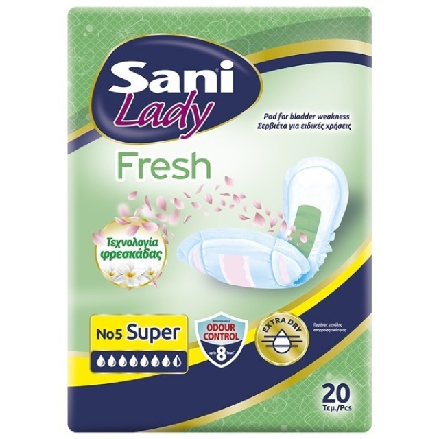 Sani Lady Fresh Super Σερβιέτες Ακράτειας Nο5 με Άρωμα [7 1/2 Σταγόνες] 20 τμχ