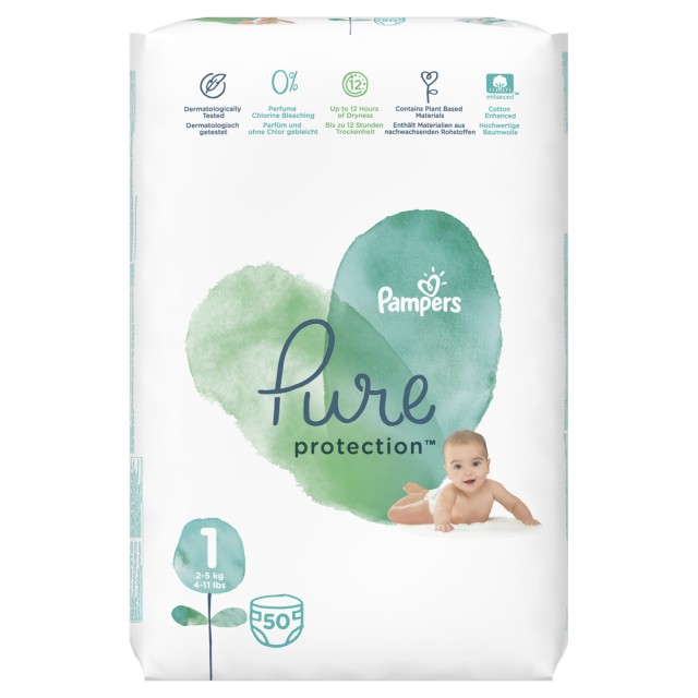 Pampers Πάνες Pure Protection Μέγεθος 1 (2-5 kg) - 50 Πάνες