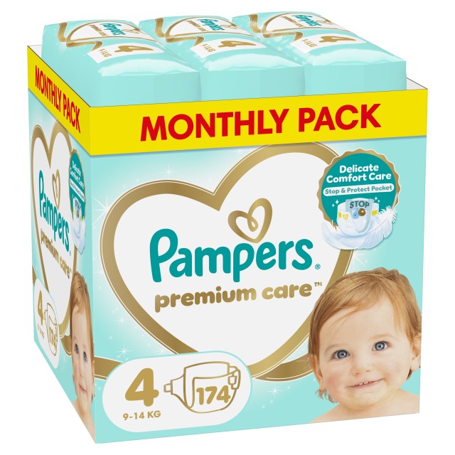 Pampers Βρεφικές Πάνες Monthly Pack Premium Care, Πάνες Μέγεθος 4 (9-14kg) 174 Πάνες