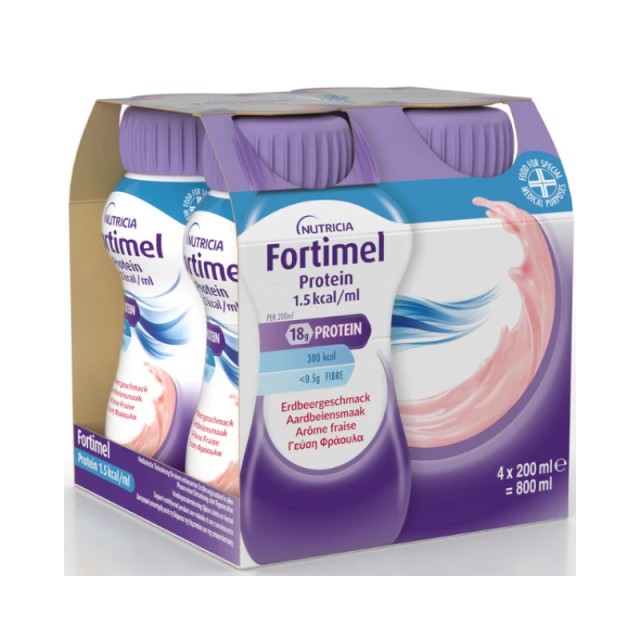 Nutricia Fortimel Protein 1.5 kcal Φράουλα Θρεπτικό Συμπλήρωμα Διατροφής σε Υγρή Μορφή Υψηλής Περιεκτικότητας σε Πρωτεΐνη σε Ειδική Τιμή 4 x 200ml