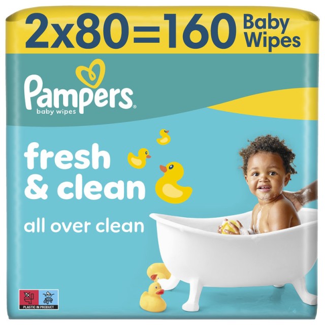 Pampers Fresh Clean Μωρομάντηλα 2 Συσκευασίες x 80 Μωρομάντηλα (160 τεμάχια)